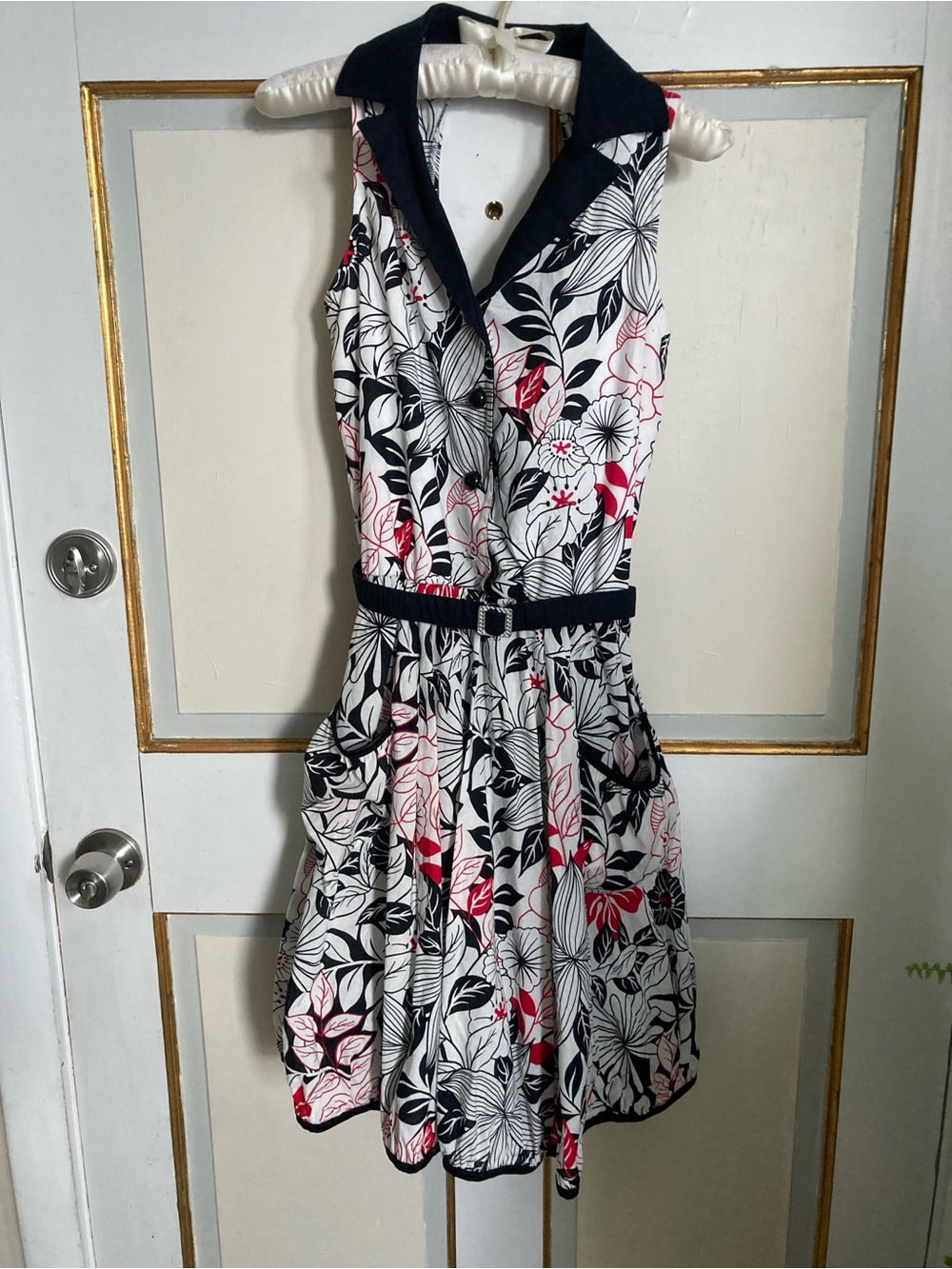Weissman Navy-Trim Floral Sleeveless Collared Dress with Red Accents